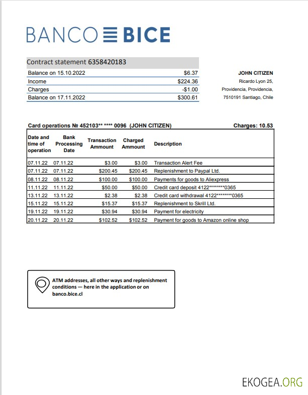 Modèle de relevé bancaire Chili Banco Bice, format Excel et PDF